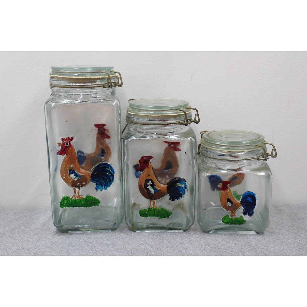 Vintage Hand Painted Rooster Canisters Clear Glass Wire Bale Lid 3pc Set